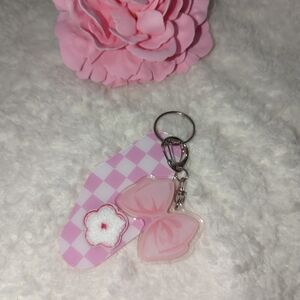 Pink Bow and Flower Keychain Checkered Bag Charm